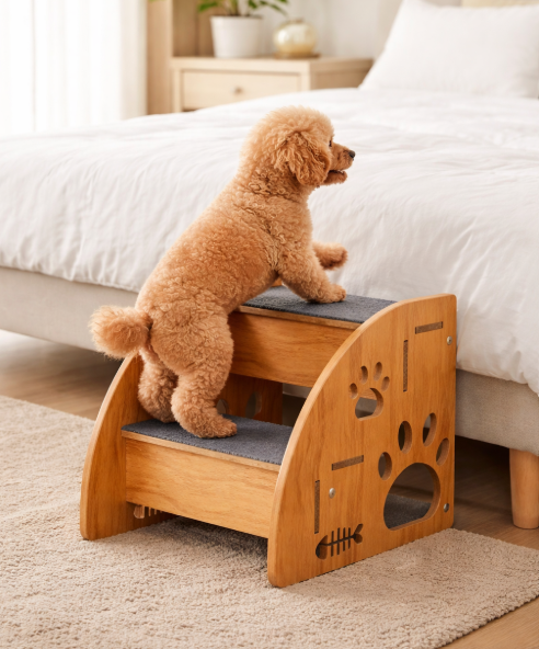 2-Step Wooden Pet Stairs – Non-Slip Dog Steps