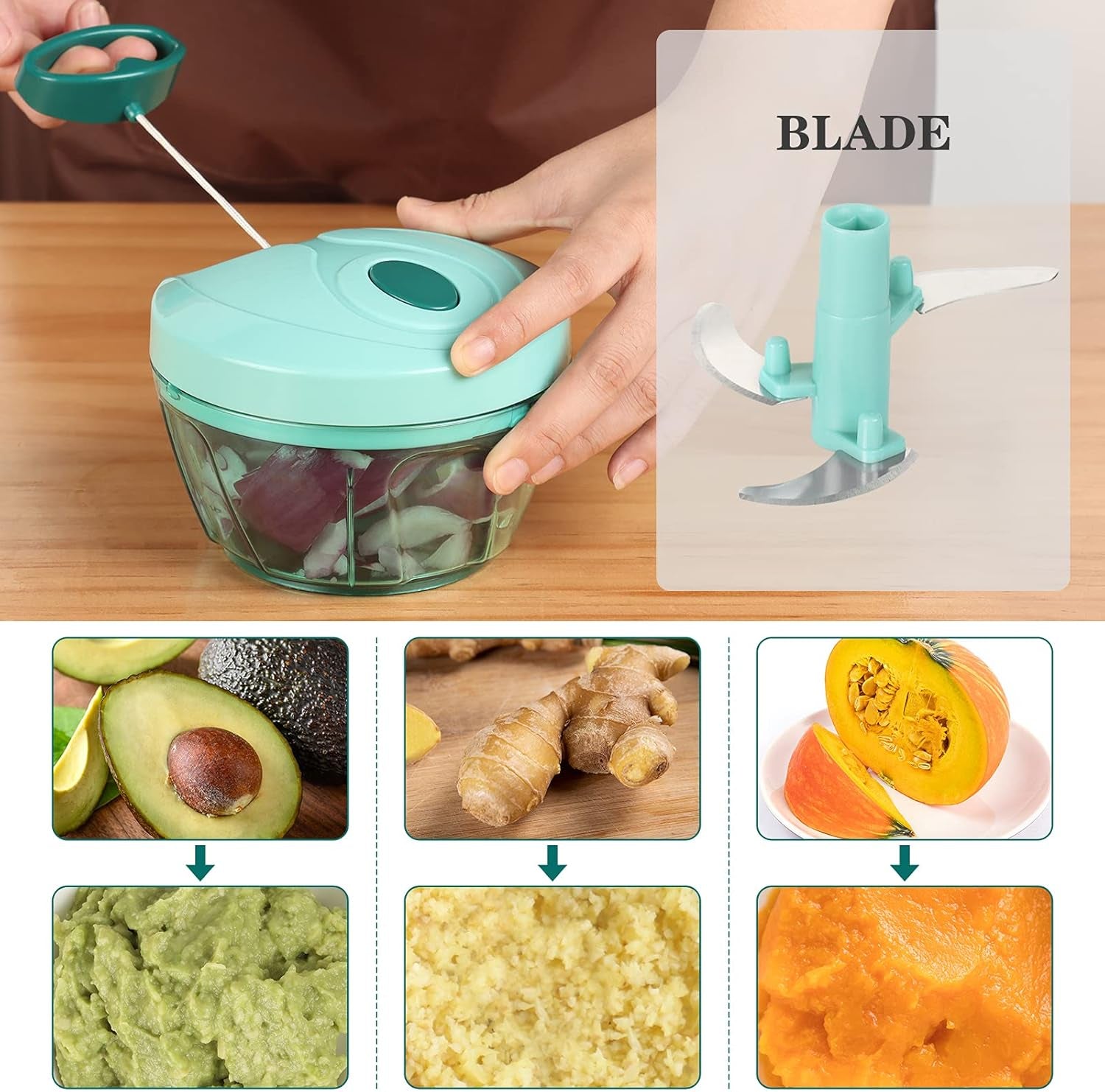 Manual Food Chopper Vegetable Cutter, Hand String Vegetable Chopper Onions Cutter for Vegetable Fruits Nuts BPA Free Food Safe Material, 550Ml Blue