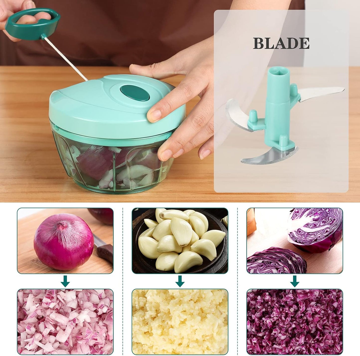 Manual Food Chopper Vegetable Cutter, Hand String Vegetable Chopper Onions Cutter for Vegetable Fruits Nuts BPA Free Food Safe Material, 550Ml Blue