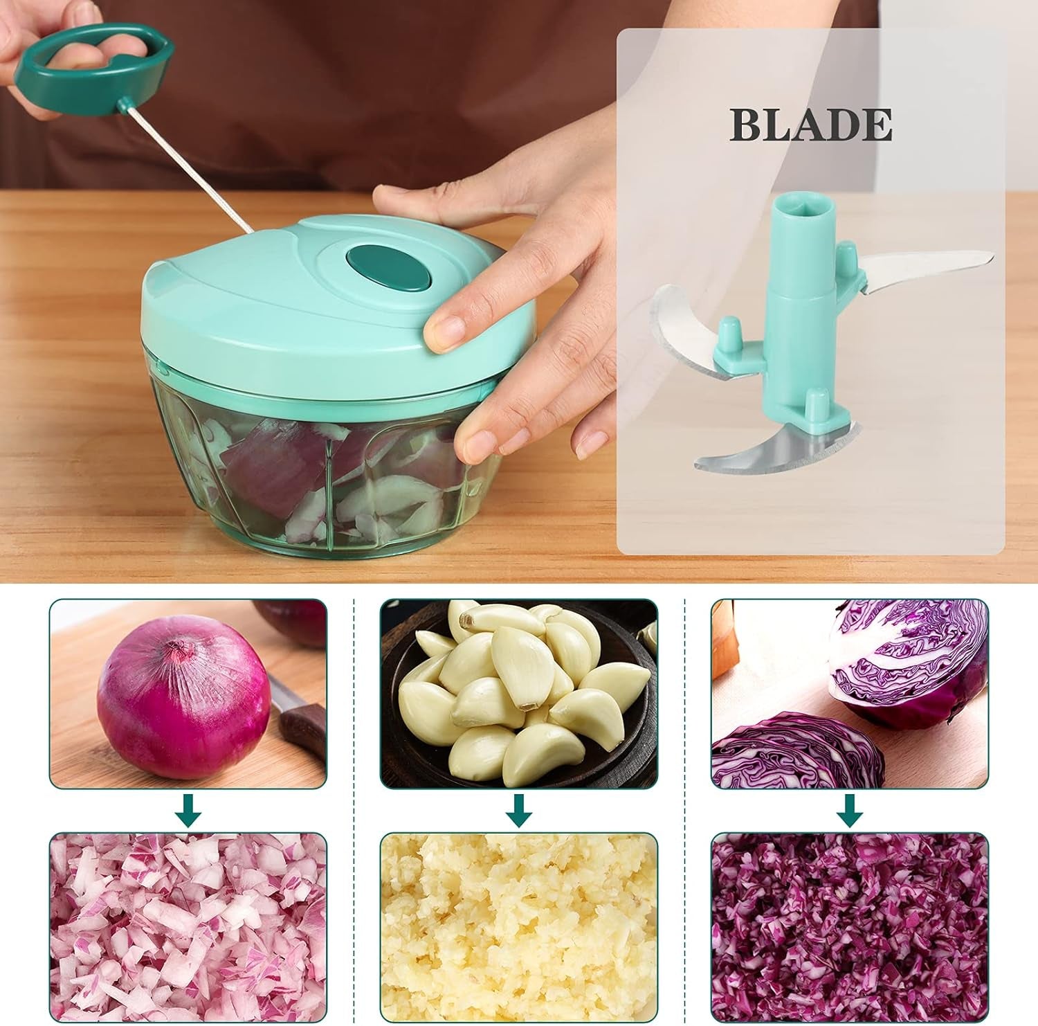 Manual Food Chopper Vegetable Cutter, Hand String Vegetable Chopper Onions Cutter for Vegetable Fruits Nuts BPA Free Food Safe Material, 550Ml Blue
