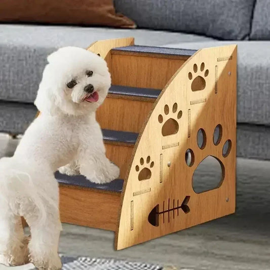 4-Step Wooden Pet Stairs for Bed – Non-Slip Dog Steps